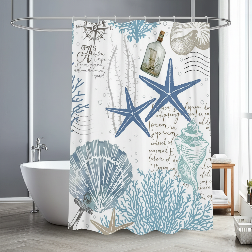 Coastal starfish dream shower curtain, water-repellent polyester with serene starfish design.