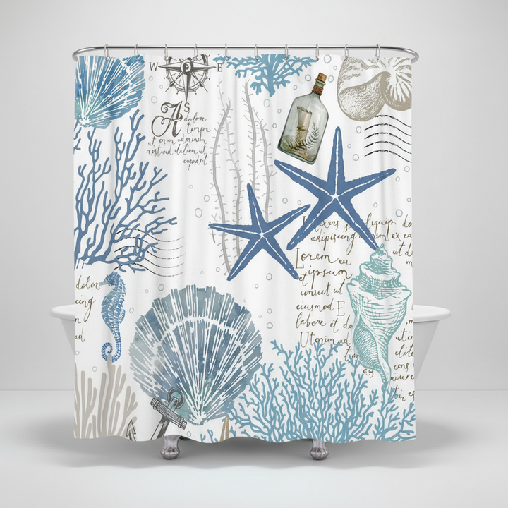 Unisex Coastal Starfish Dream shower curtain, mildew resistant & machine washable bathroom decor.