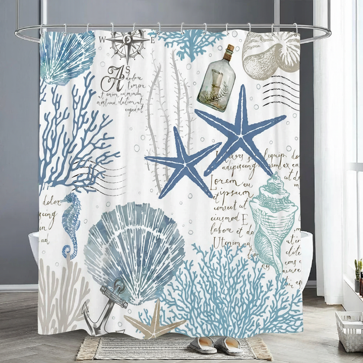 Close-up of Coastal Starfish Dream shower curtain, showing intricate starfish pattern on polyester.