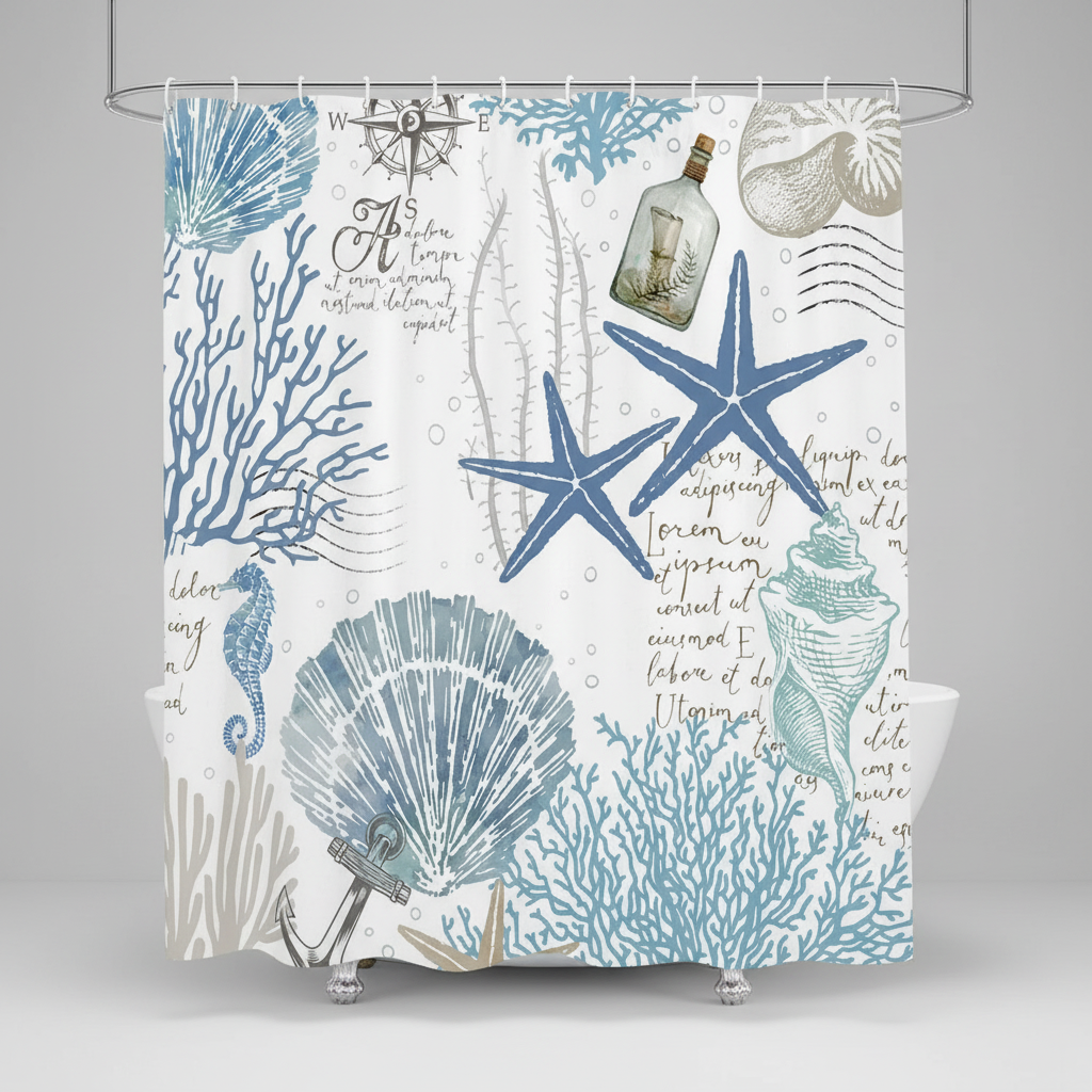 Bathroom with Coastal Starfish Dream shower curtain, adding a touch of oceanic charm to decor.
