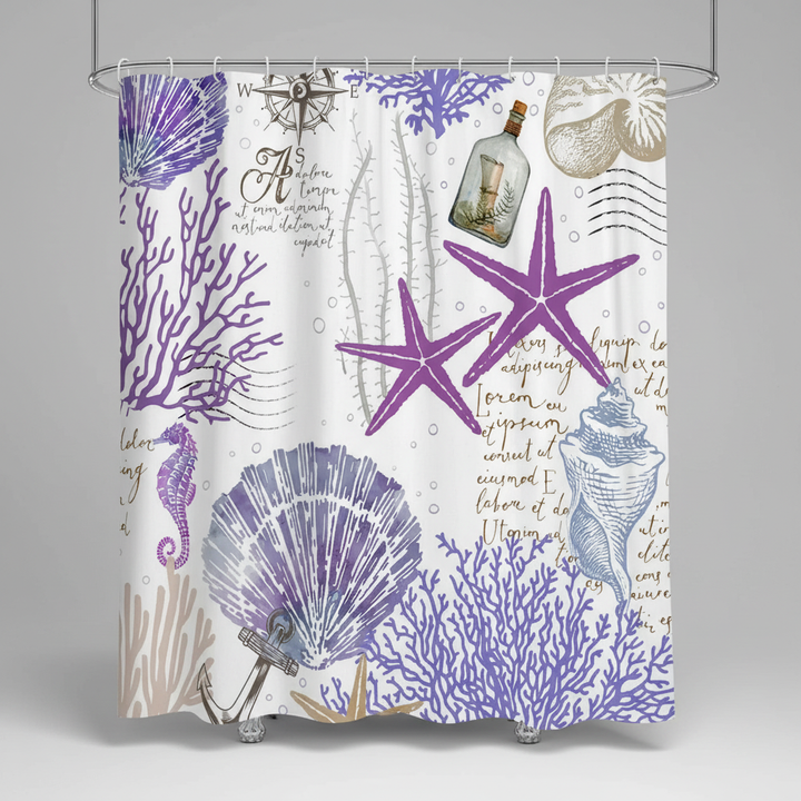 Styled Coastal Starfish Dream shower curtain, hanging beautifully, showcasing coastal home decor.