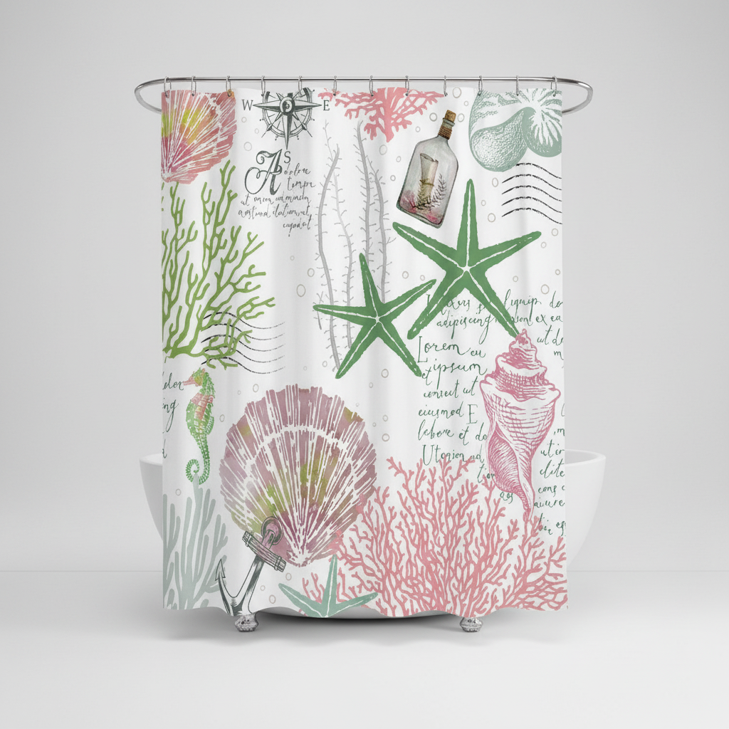 Water-repellent polyester shower curtain, Coastal Starfish Dream, perfect bathroom accessory.