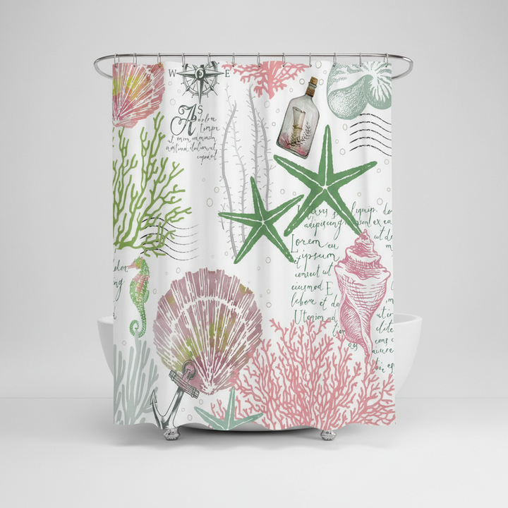 Water-repellent polyester shower curtain, Coastal Starfish Dream, perfect bathroom accessory.