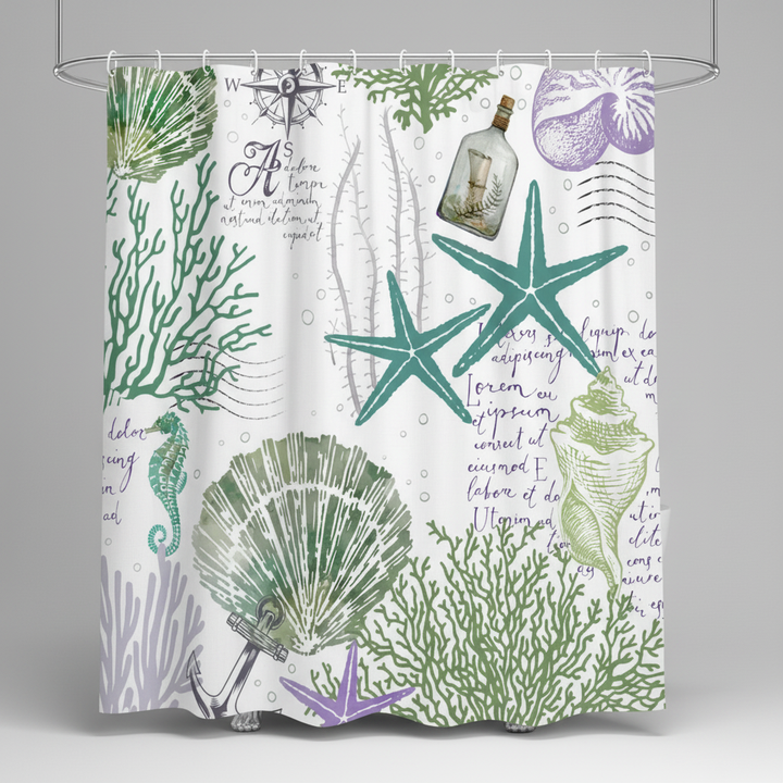 Folded Coastal Starfish Dream shower curtain, highlighting its quality and starfish design.