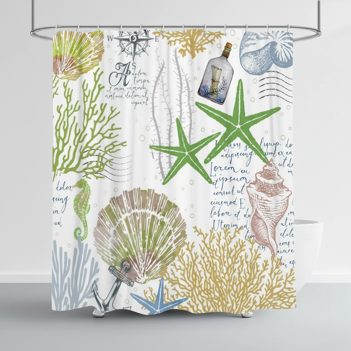 Coastal Starfish Dream shower curtain, vibrant starfish pattern on durable polyester fabric.