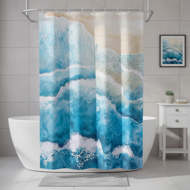 Coastal Waves Waterproof Shower Curtain, polyester with blue wave pattern, modern bathroom decor