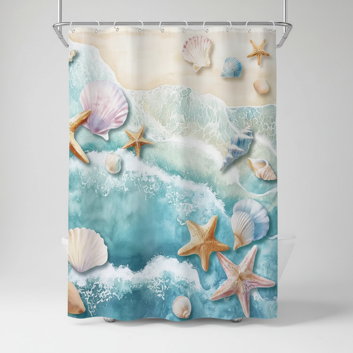 Coastal waterproof shower curtain, polyester, featuring a dynamic blue wave motif