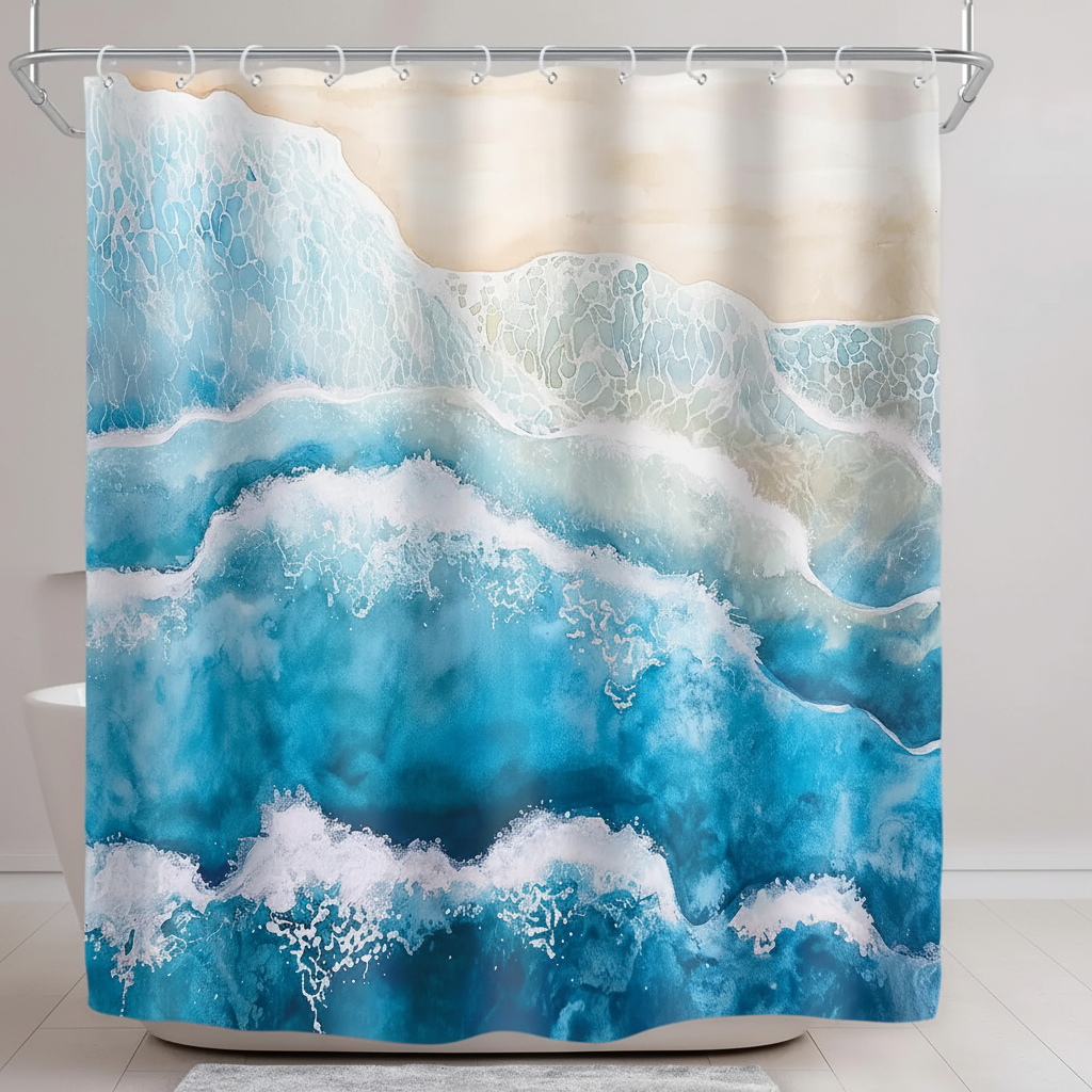 Blue wave design waterproof shower curtain, Coastella polyester for modern bathroom aesthetic