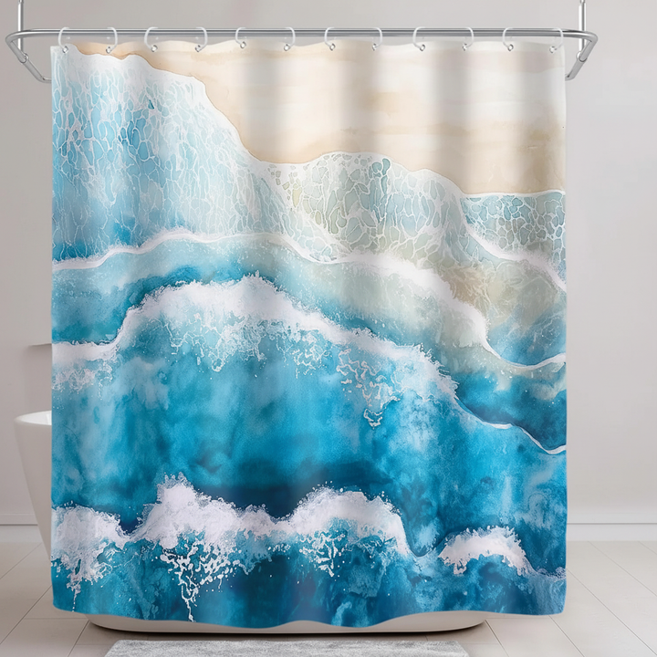 Blue wave design waterproof shower curtain, Coastella polyester for modern bathroom aesthetic