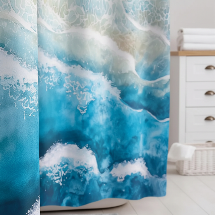Stylish coastal fabric shower curtain, waterproof polyester with serene wave pattern