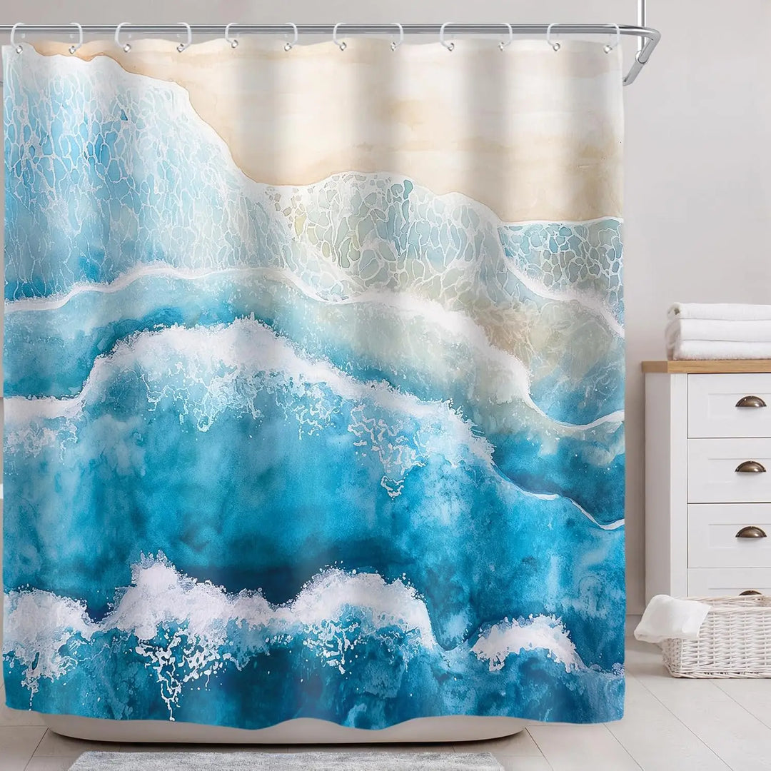 Coastella waterproof shower curtain, marine aesthetic, easy-care polyester with wave design