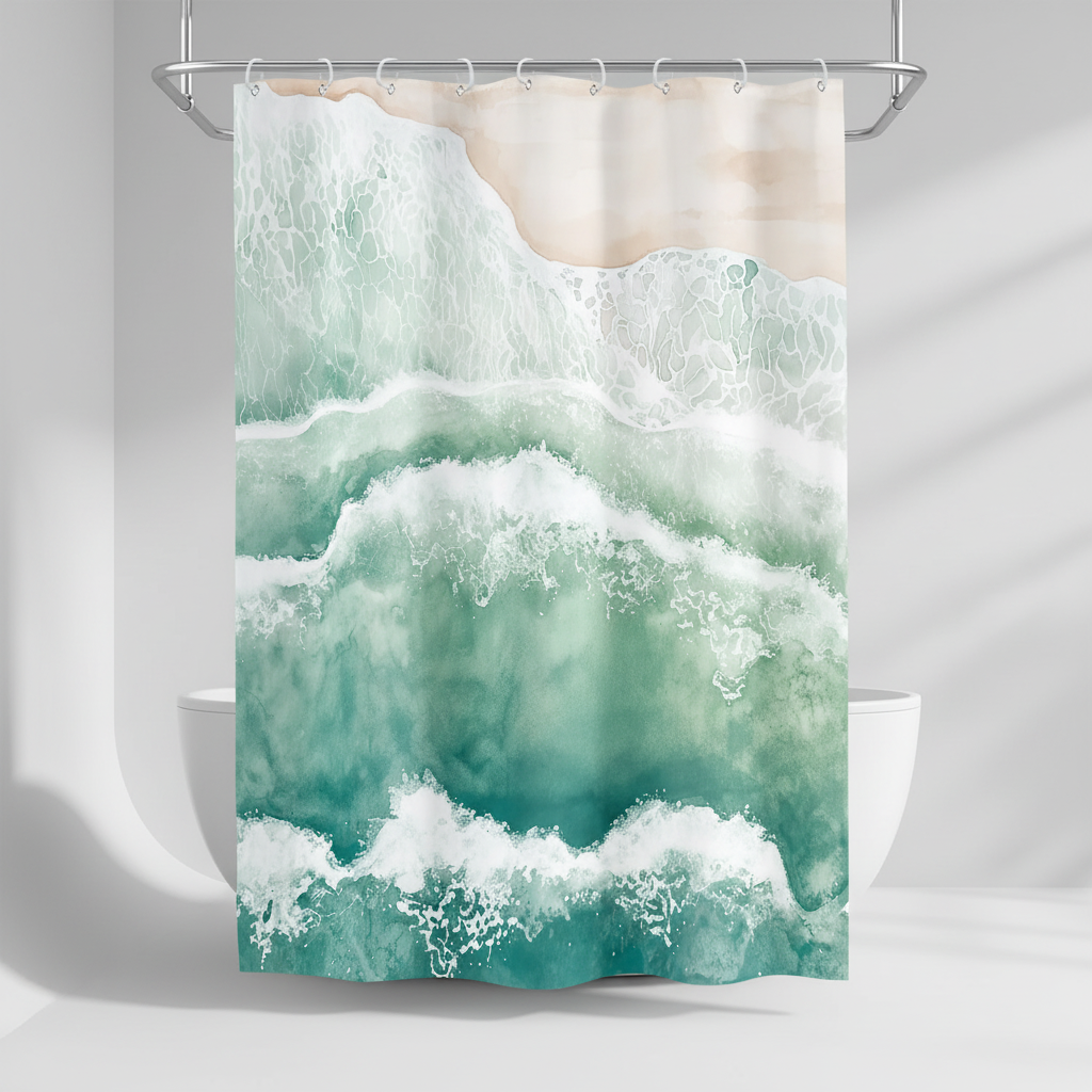 Waterproof polyester shower curtain featuring an elegant blue wave pattern, home decor