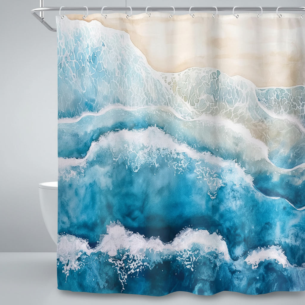 Easy-care coastal waves shower curtain, durable waterproof polyester, bathroom update