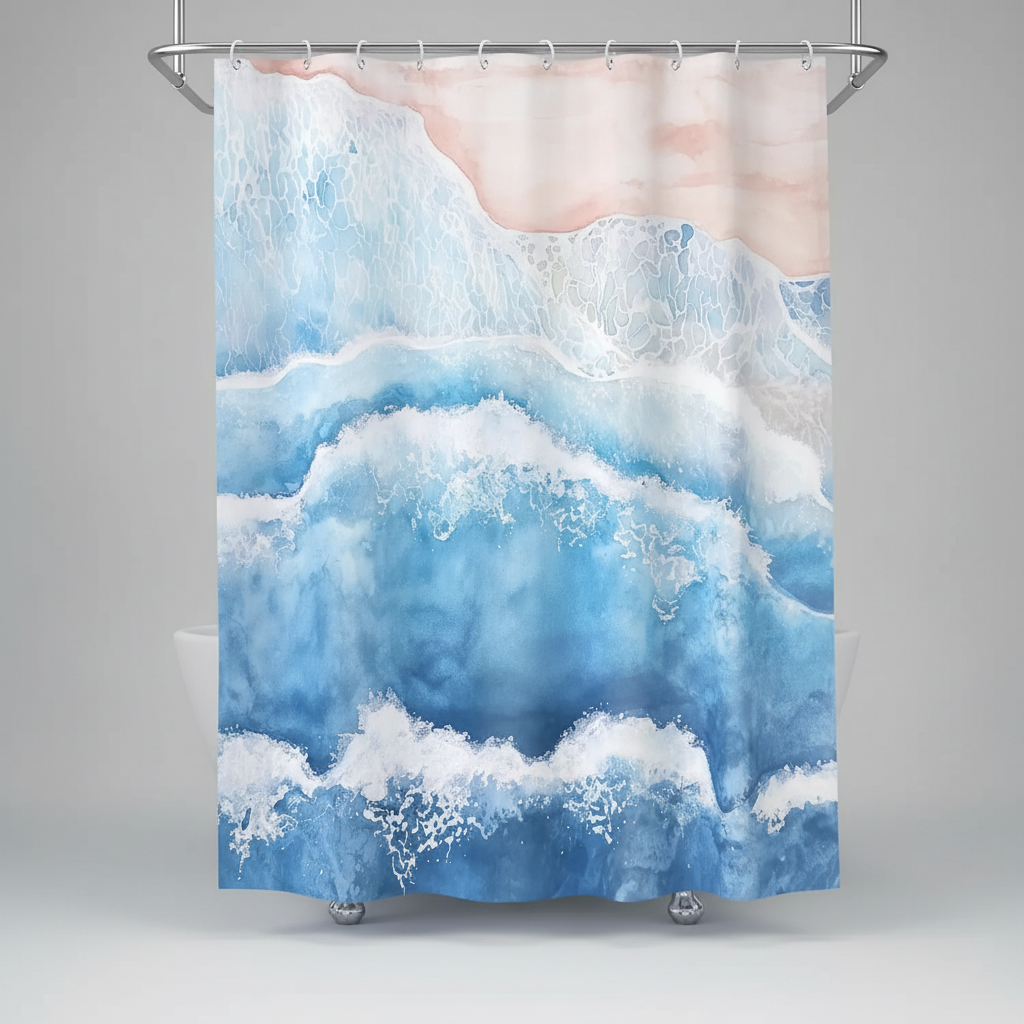 Modern marine aesthetic shower curtain, waterproof polyester with subtle wave design