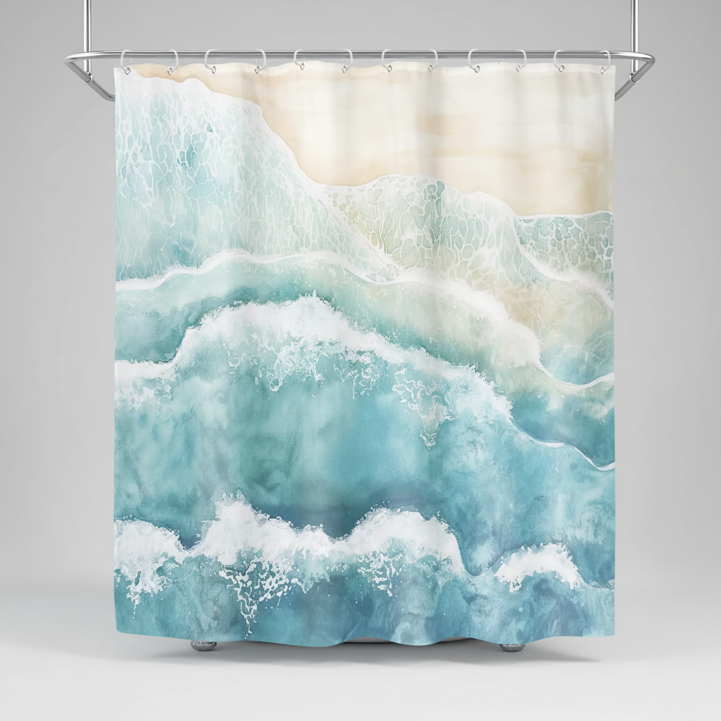 Coastella blue wave pattern shower curtain, waterproof fabric, perfect for bathroom decor