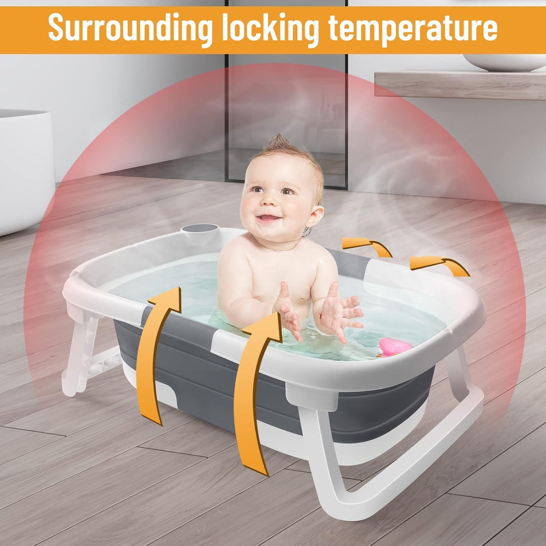 Close-up of a collapsible baby bath tub with net, highlighting its compact design for baby essentials