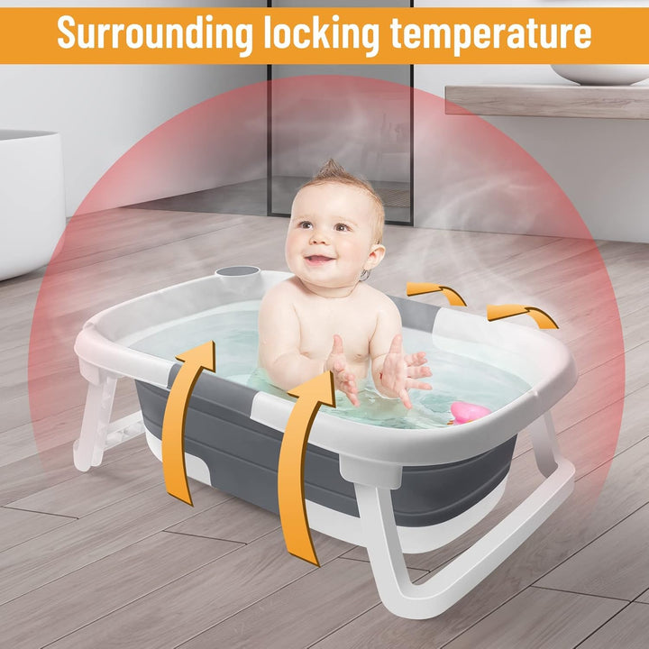Close-up of a collapsible baby bath tub with net, highlighting its compact design for baby essentials