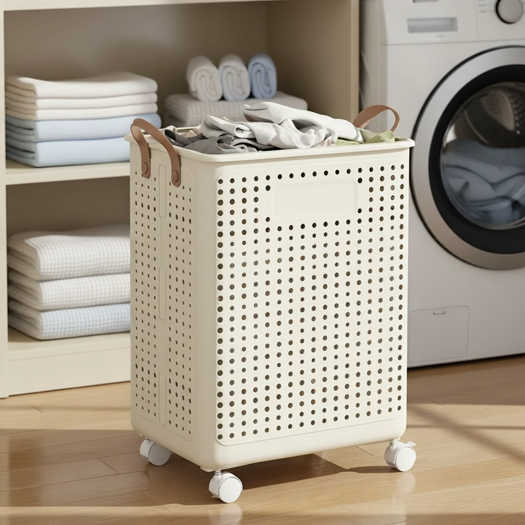 Collapsible laundry basket with wheels, gray, full of clothes, against a white wall.
