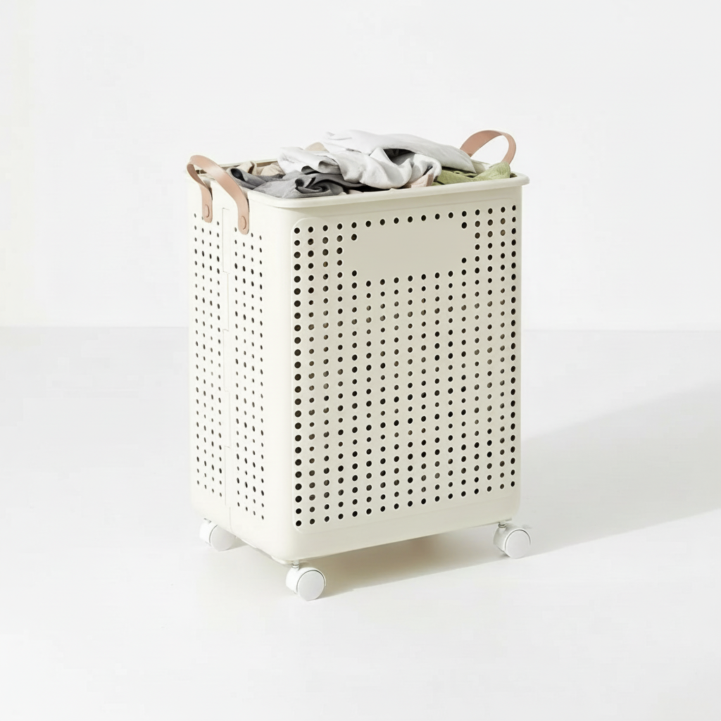 Wheeled laundry hamper, Collapsible Rolling Laundry Basket, folded flat, next to a washing machine.