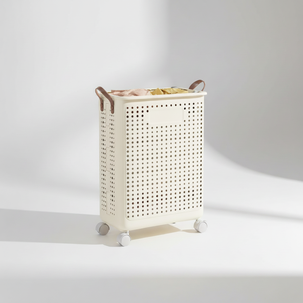 Detail shot of a breathable fabric collapsible laundry basket with durable wheels and handle.