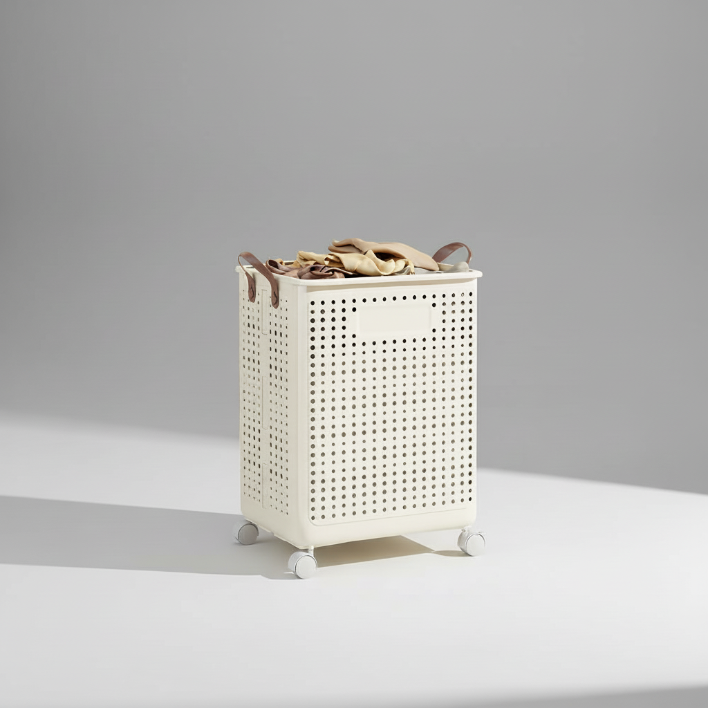 Collapsible Rolling Laundry Basket, gray, being rolled easily across a wooden floor.