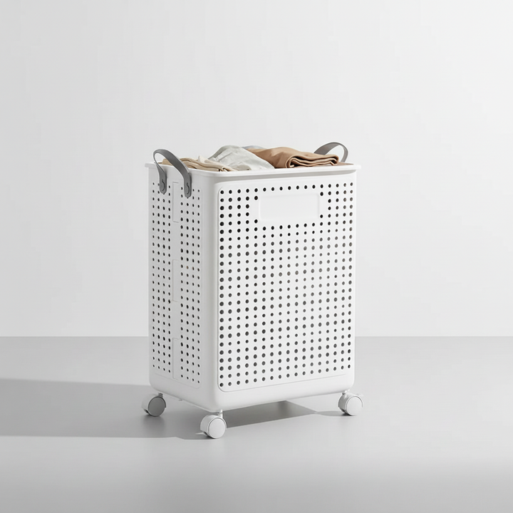 Utility wheeled laundry basket, Collapsible Rolling Laundry Basket, partially collapsed, saving space.