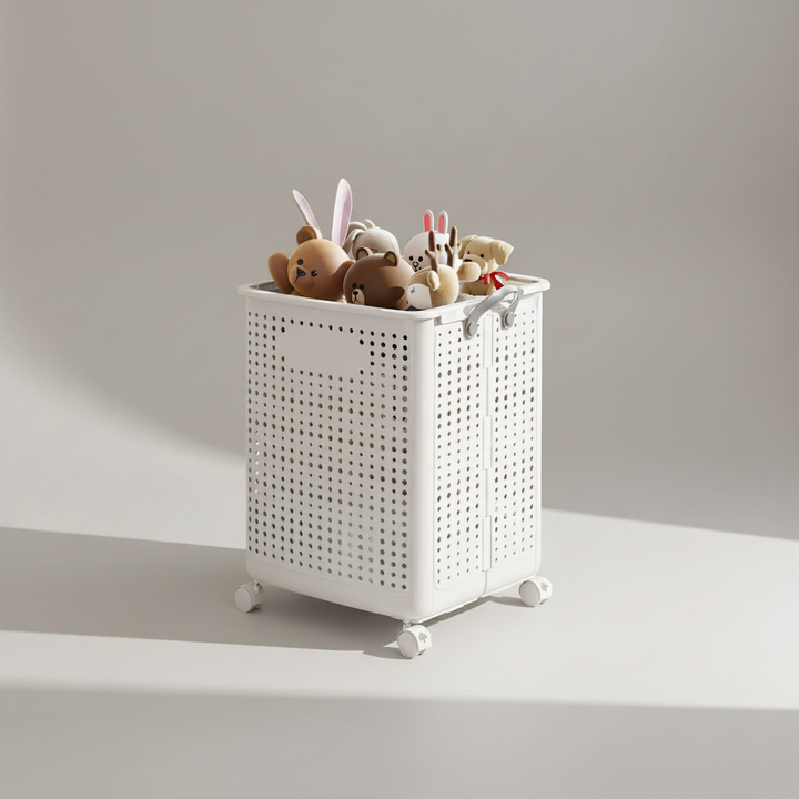 Home organization solution: collapsible laundry hamper on wheels, in a laundry room setting.