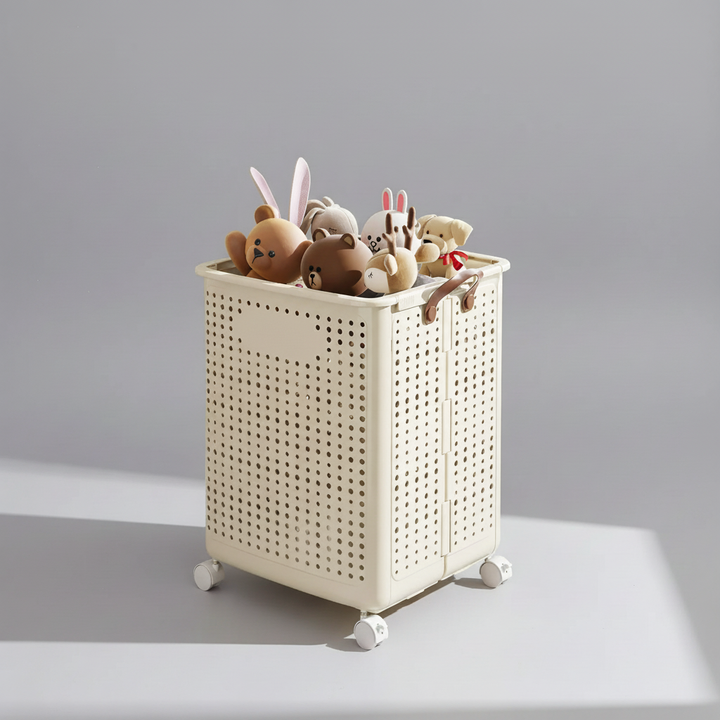 Ergonomic collapsible rolling laundry basket, LaundryGlide, with clothes, showcasing its utility.