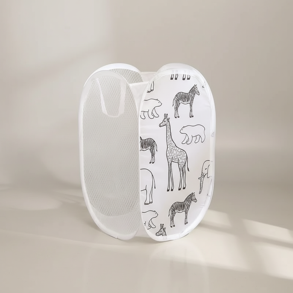 Dorm room essential: collapsible mesh laundry basket with handles, neatly stored.