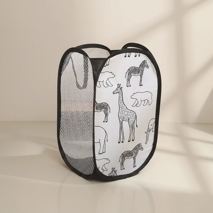 Front view of the MeshCarry collapsible hamper, emphasizing its lightweight mesh construction.