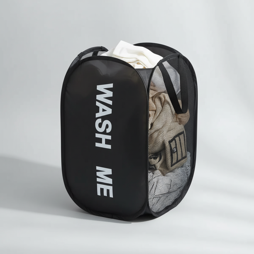 Foldable mesh laundry basket, perfect for dorm essentials and bathroom organization.
