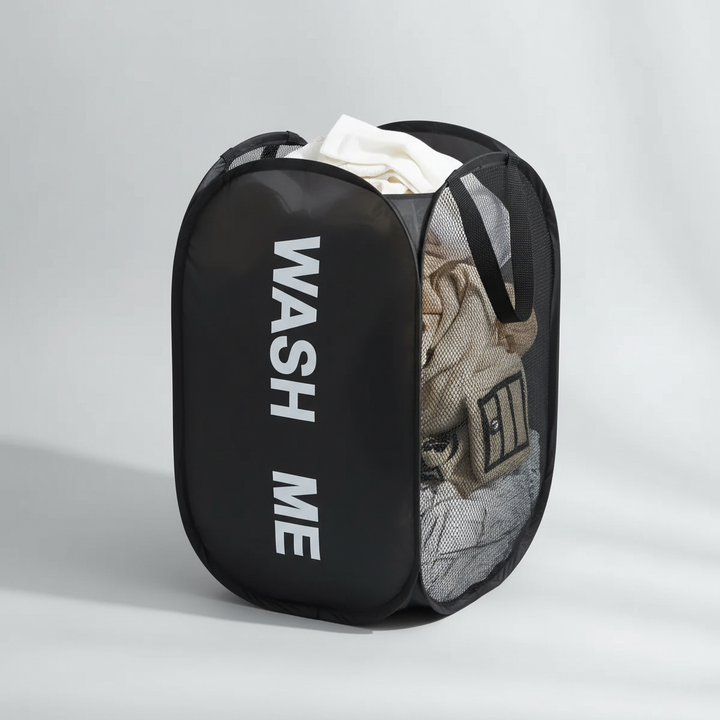 Foldable mesh laundry basket, perfect for dorm essentials and bathroom organization.