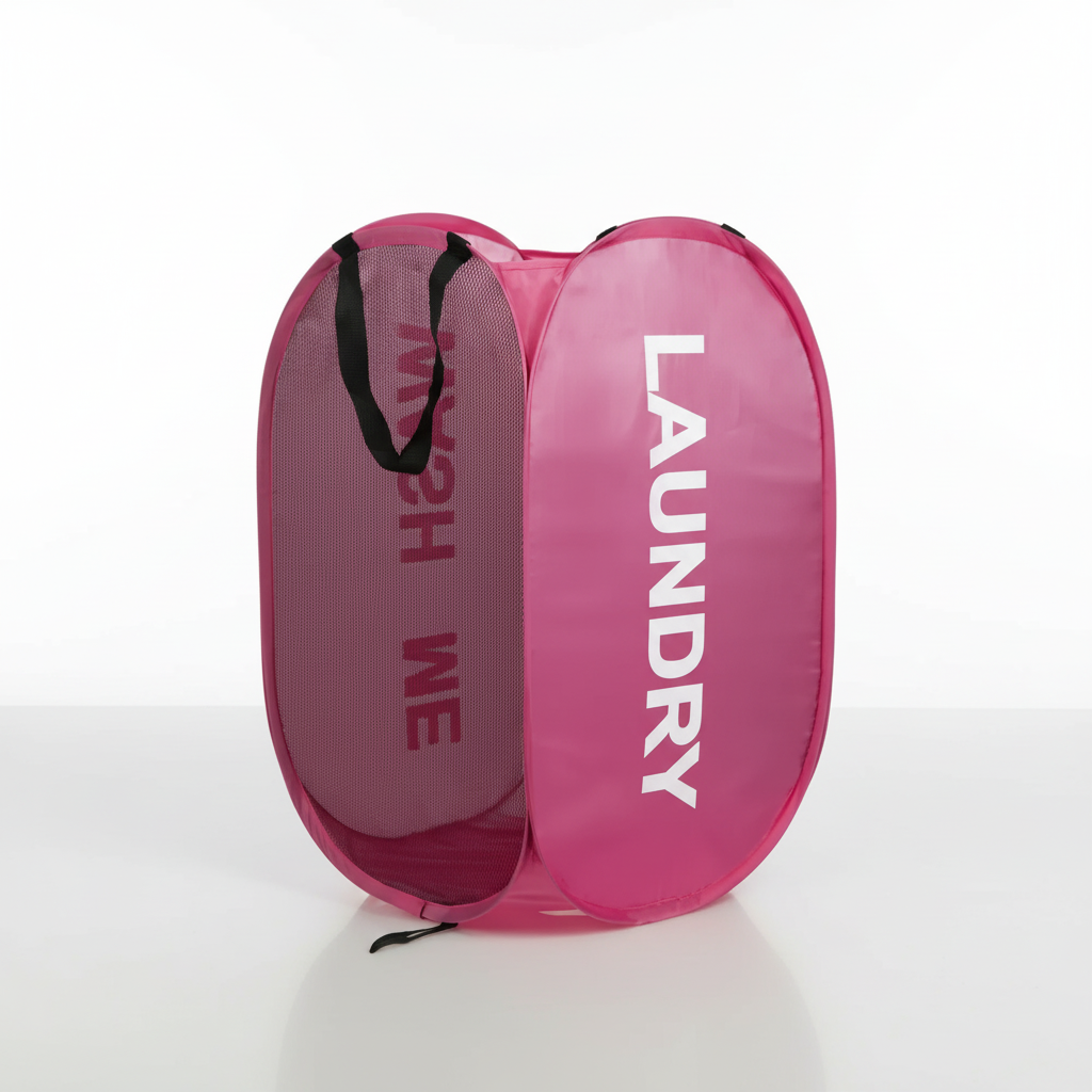 Open collapsible mesh laundry basket, empty, highlighting its spacious interior.