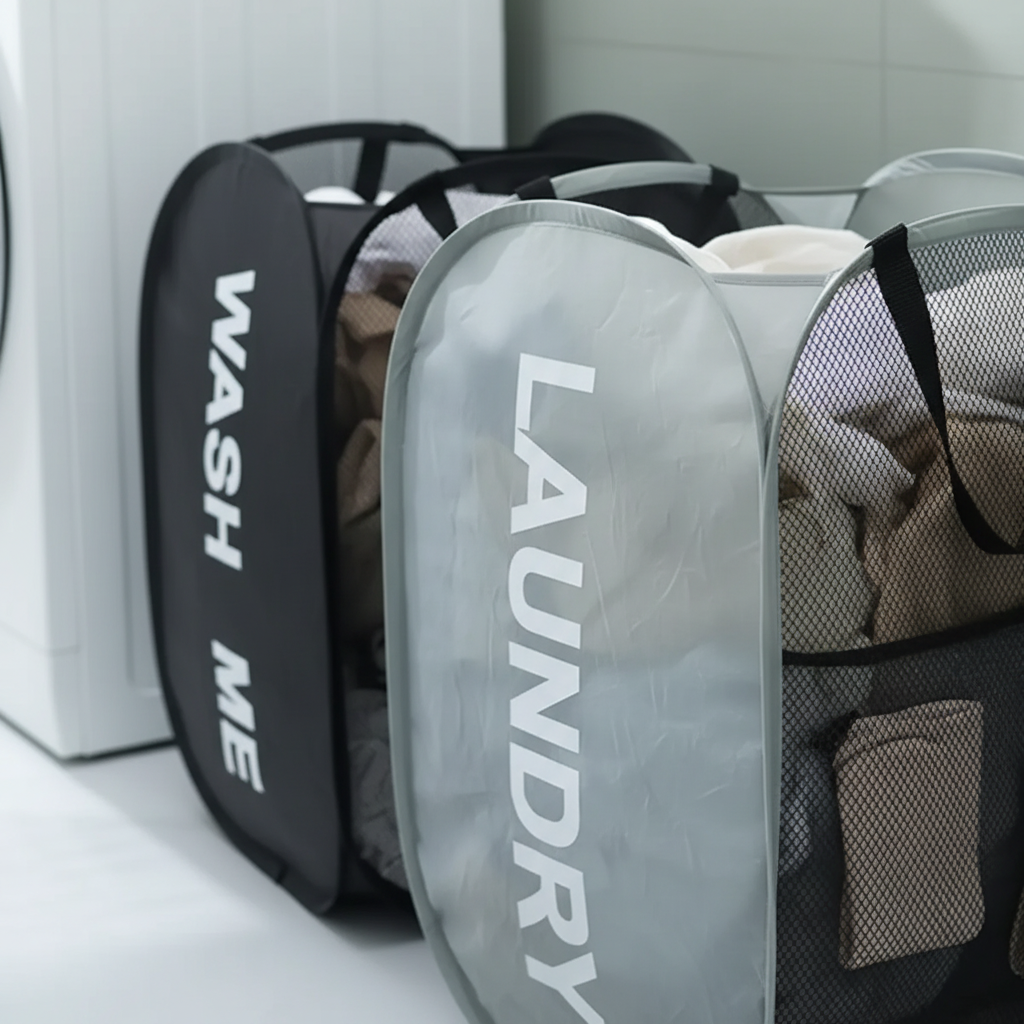 Foldable mesh hamper with sturdy handles for easy transport