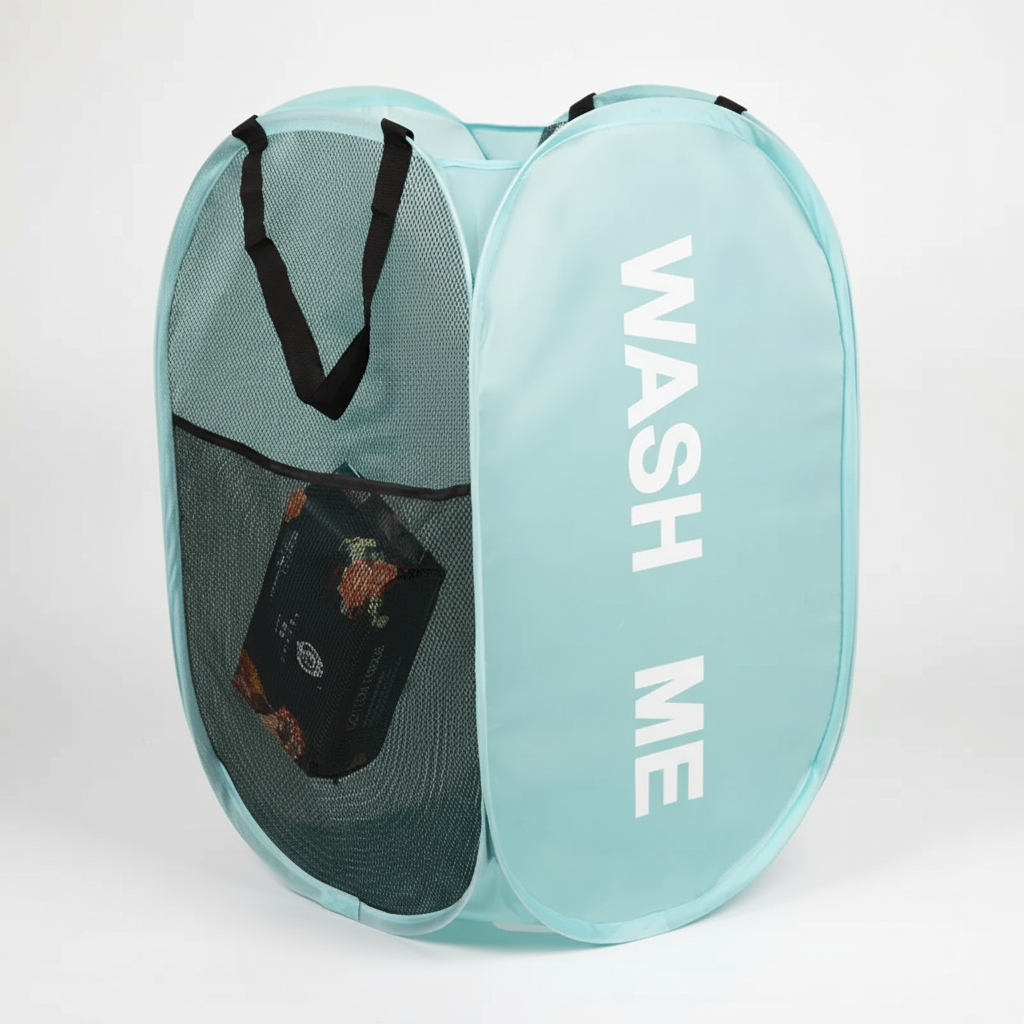 Upright collapsible hamper, great for kids' rooms or small spaces