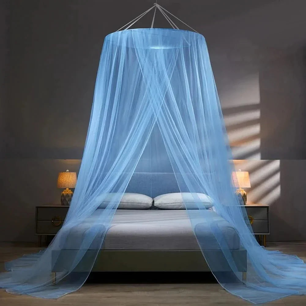 Foldable bed canopy mosquito net, ensuring a bug-free and comfortable sleeping environment indoors.