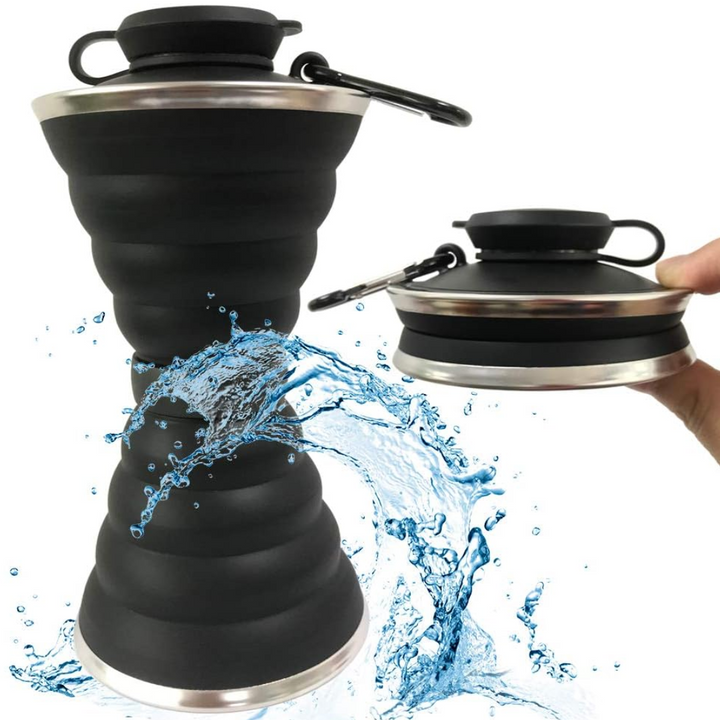 Collapsible silicone water bottle with carabiner, perfect for hiking, camping & travel. BPA-free.