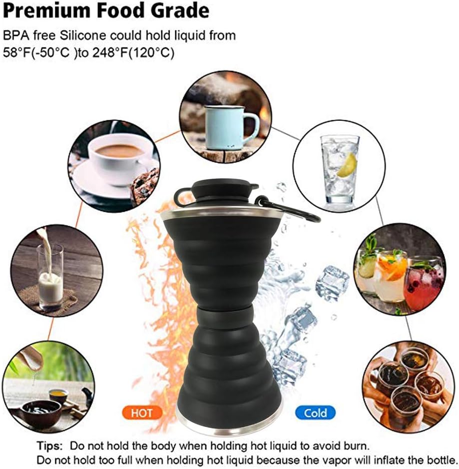 Portable foldable water bottle with clip, ideal for outdoor hydration & adventure gear.