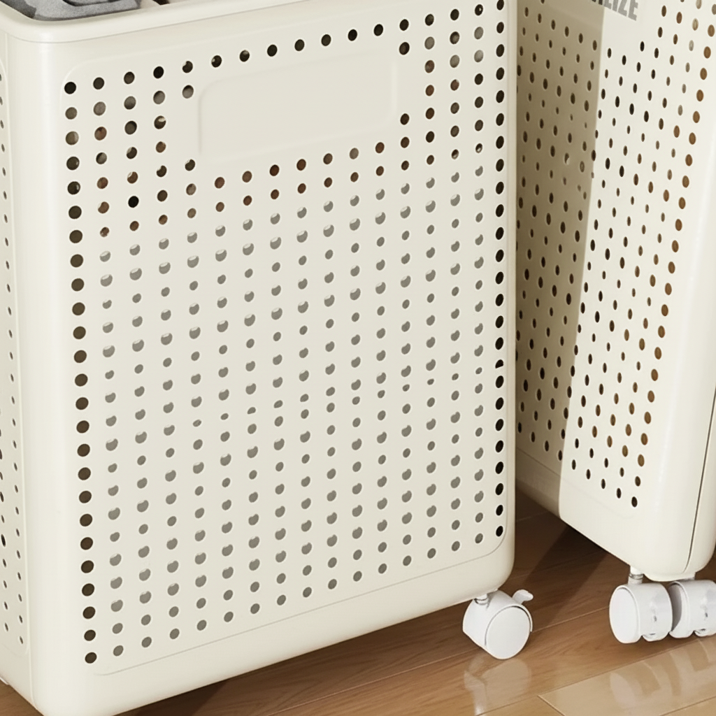LaundryGlide collapsible rolling laundry cart. Space-saving wheeled hamper for convenient clothes organization.