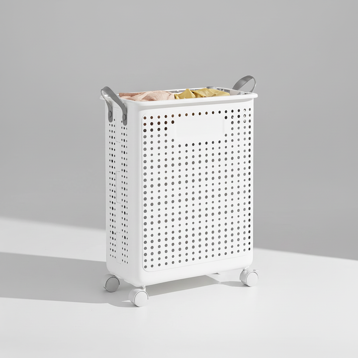 Portable white wheeled laundry basket. LaundryGlide collapsible hamper, ideal for home organization & transport.
