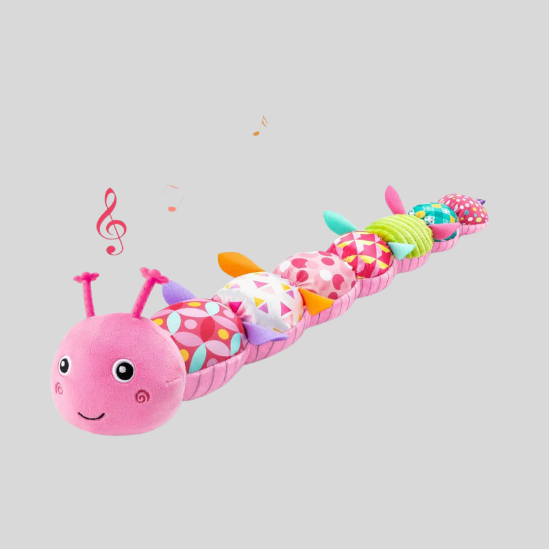 Colorful baby caterpillar plush rattle toy. Soft sensory fun for infants & newborns. Engaging developmental toy.