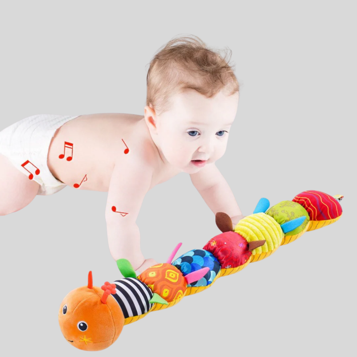 Soft plush baby caterpillar rattle toy with vibrant colors, stimulating infant sensory development. Perfect newborn gift.