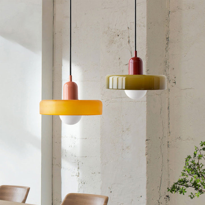 Colorful Bauhaus glass pendant lamp, modern ceiling light for stylish home decor.
