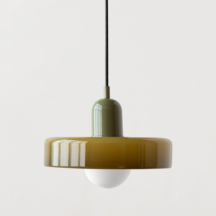 Eye-catching colorful glass pendant, modern Bauhaus design for vibrant home lighting.