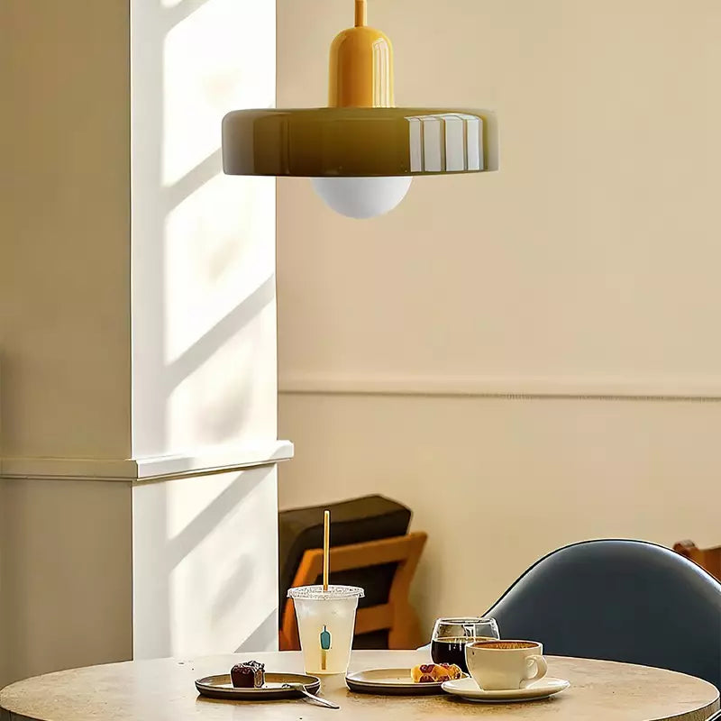 Bauhaus artistic glass pendant, vibrant geometric design for modern home decor.