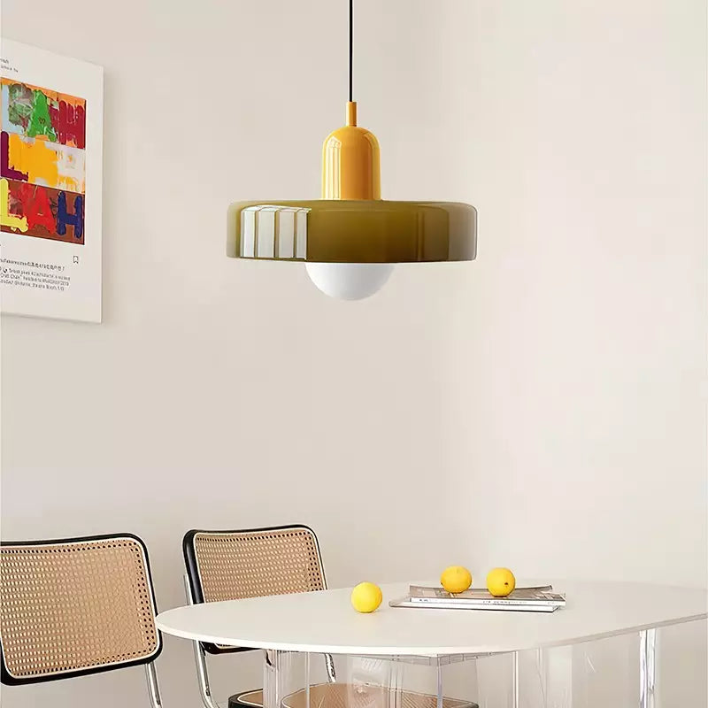 Chic colorful glass pendant lamp, modern Bauhaus lighting for contemporary spaces.