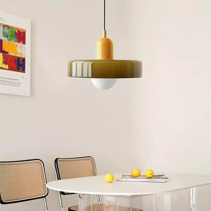 Chic colorful glass pendant lamp, modern Bauhaus lighting for contemporary spaces.