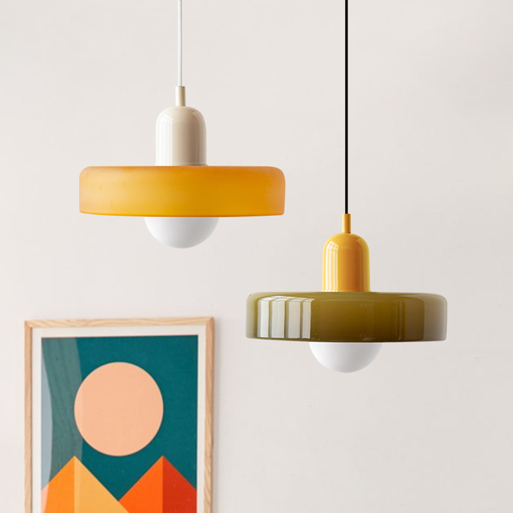Eye-catching Bauhaus pendant light, colorful glass for vibrant home interiors.
