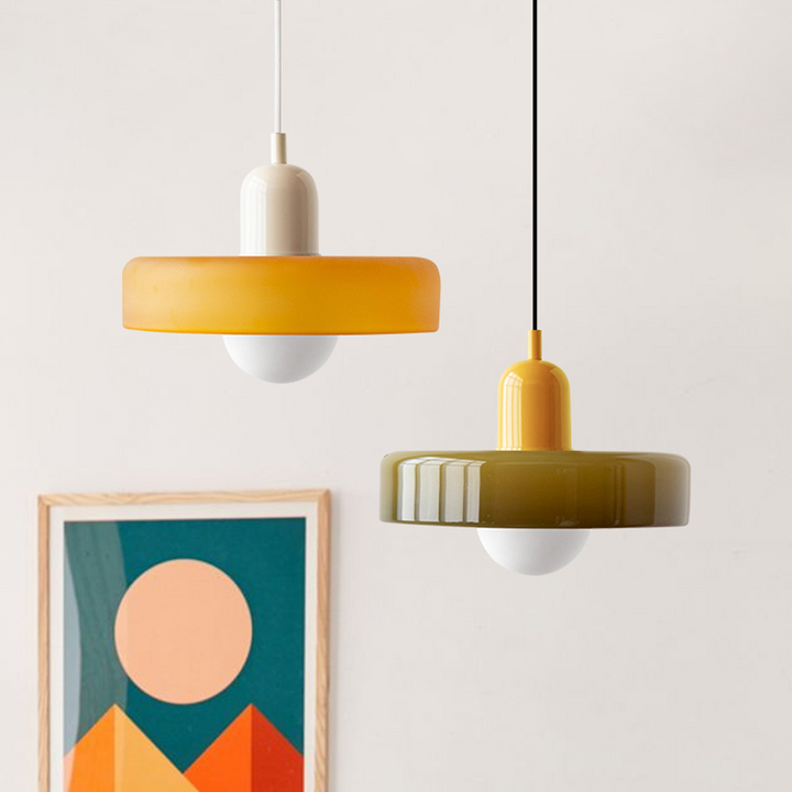 Eye-catching Bauhaus pendant light, colorful glass for vibrant home interiors.