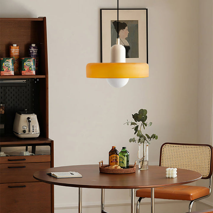 Bright colorful glass pendant lamp, Bauhaus modern design ceiling light fixture.